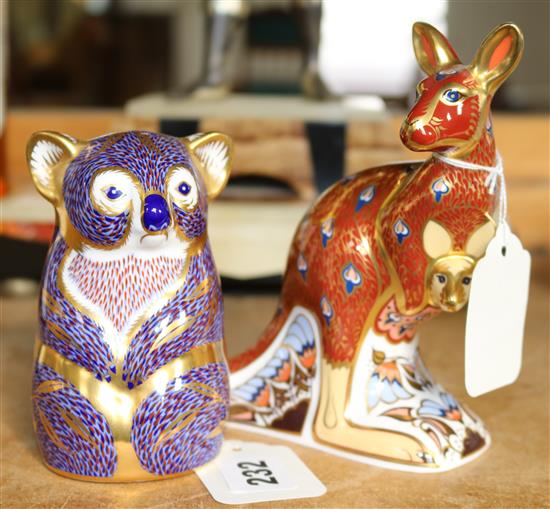 Two Royal Crown Derby paperweights, Kangaroo with Joey and Koala, both with gold stoppers